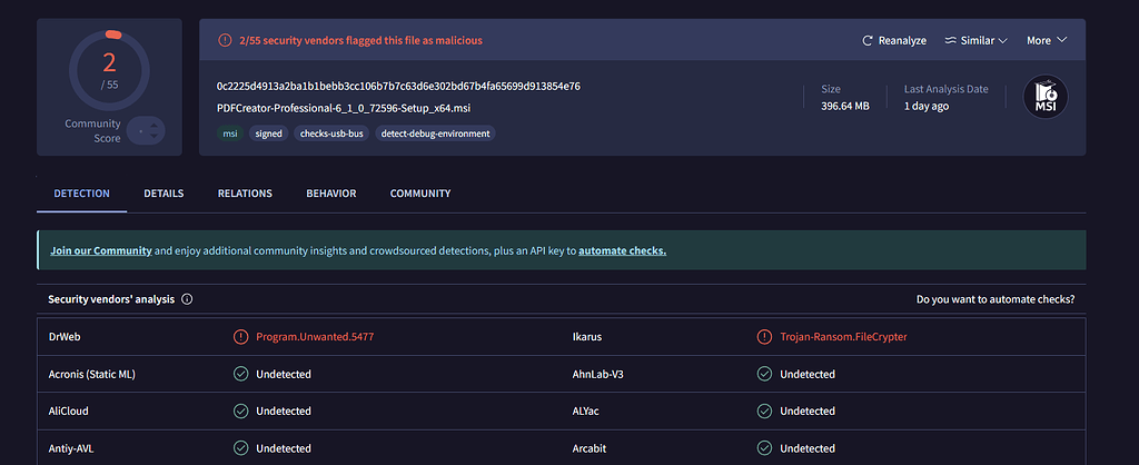 Antivirus Blocks Installer – VirusTotal Detects Trojan - PDFCreator ...